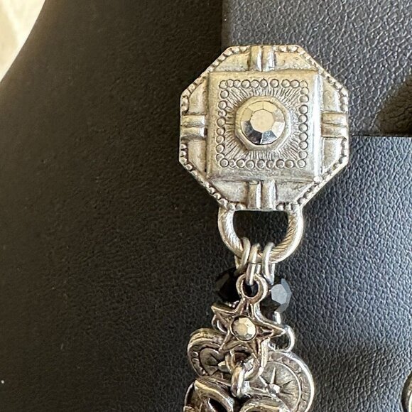 VTG Earrings Dangle Pierced 2" Rhinestones Hearts Stars Pewter Geometric Charm - Picture 2 of 7